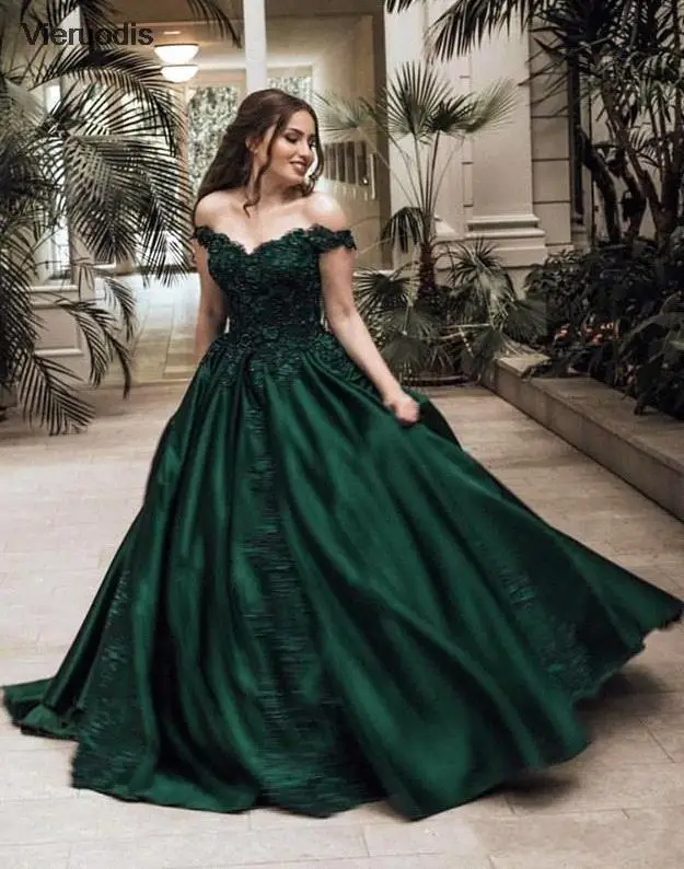 

Elegant Dark Green Quinceanera Dresses with Lace Appliques Beaded Sexy V Neck Ball Gown Off the Shoulder Prom Party Dress