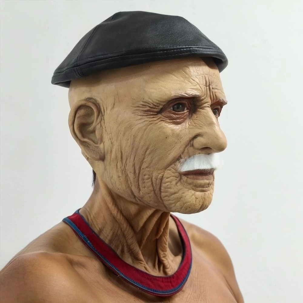 Männer realistische alte Mann Gesichtsmaske mit Baskenmütze Hut Halloween Kostüm Zubehör PU Leder Bart Mode Erwachsene Cosplay Gummi Maske – Detail 10