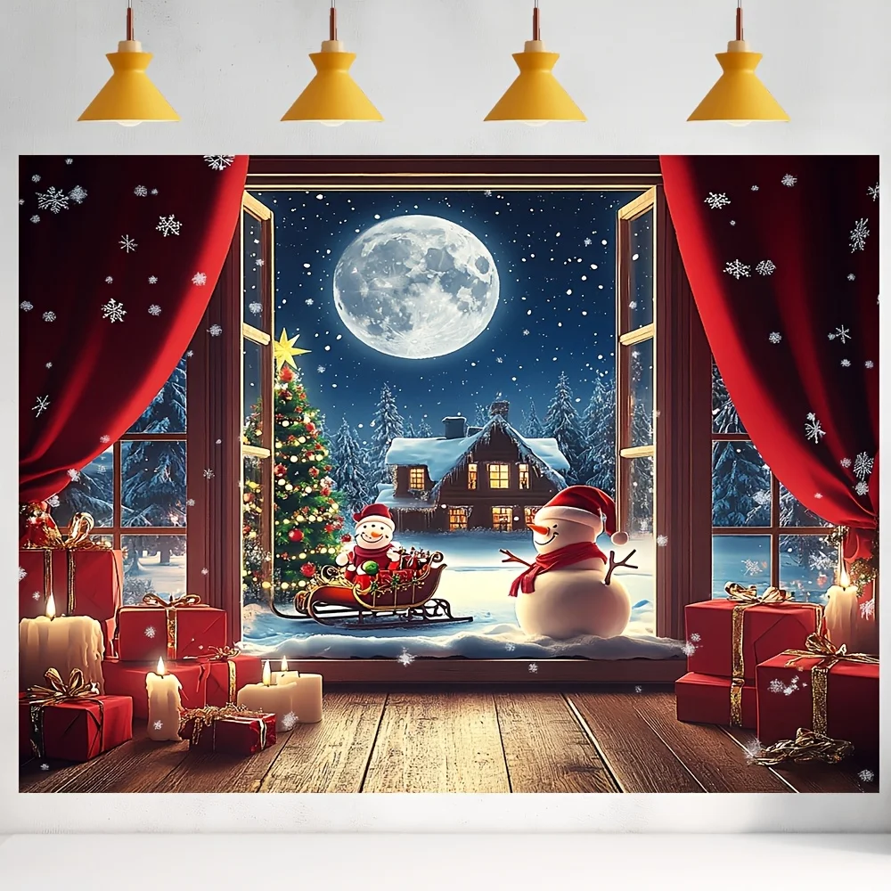VIKAMA Doppelfenster-Schneeszene, Weihnachts-Wandteppich, Schneemann, Weihnachtsbaum, warmes Wohnzimmer, Hintergrund, Wandbehang, Raumdekoration