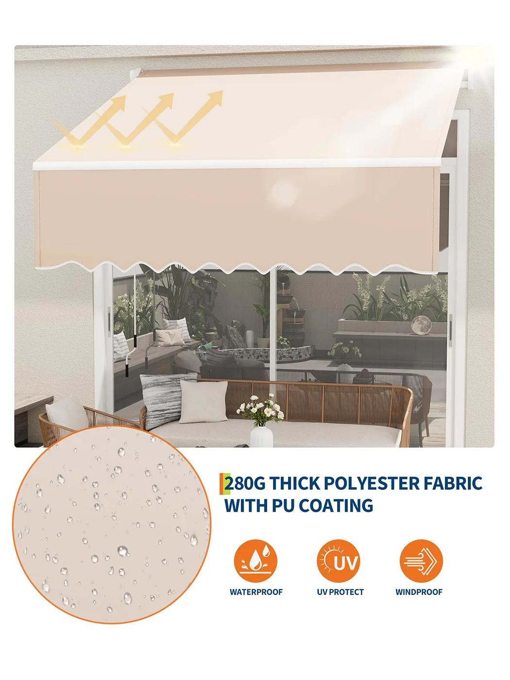3x2,5m Ausziehbare Terrassenmarkise, Manuelle Kurbel-Sonnenschutzmarkise mit Wasserdichtem UV50+ Stoff & Aluminiumrahmen für Balkon Garten Outdoor – Detail 3