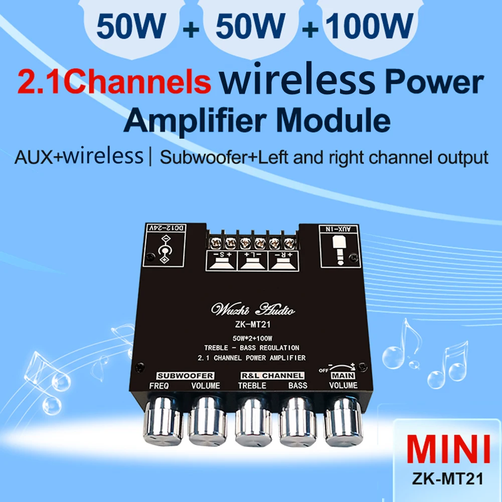 ["ZK-MT21 2x50W + 100W 2.1 채널 블루투스 5.0 서브우퍼 디지털 파워 앰프 보드 가정용 AUX 12V 24V 오디오 스테레오 베이스 앰프"]