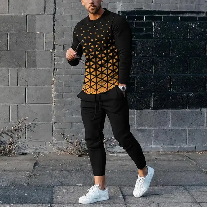 

Men's Long Sleeve T-shirts and Pants Two Piece Black Orange Geometry 3D Printed Men's Sets Casual Suit nike tech fleece