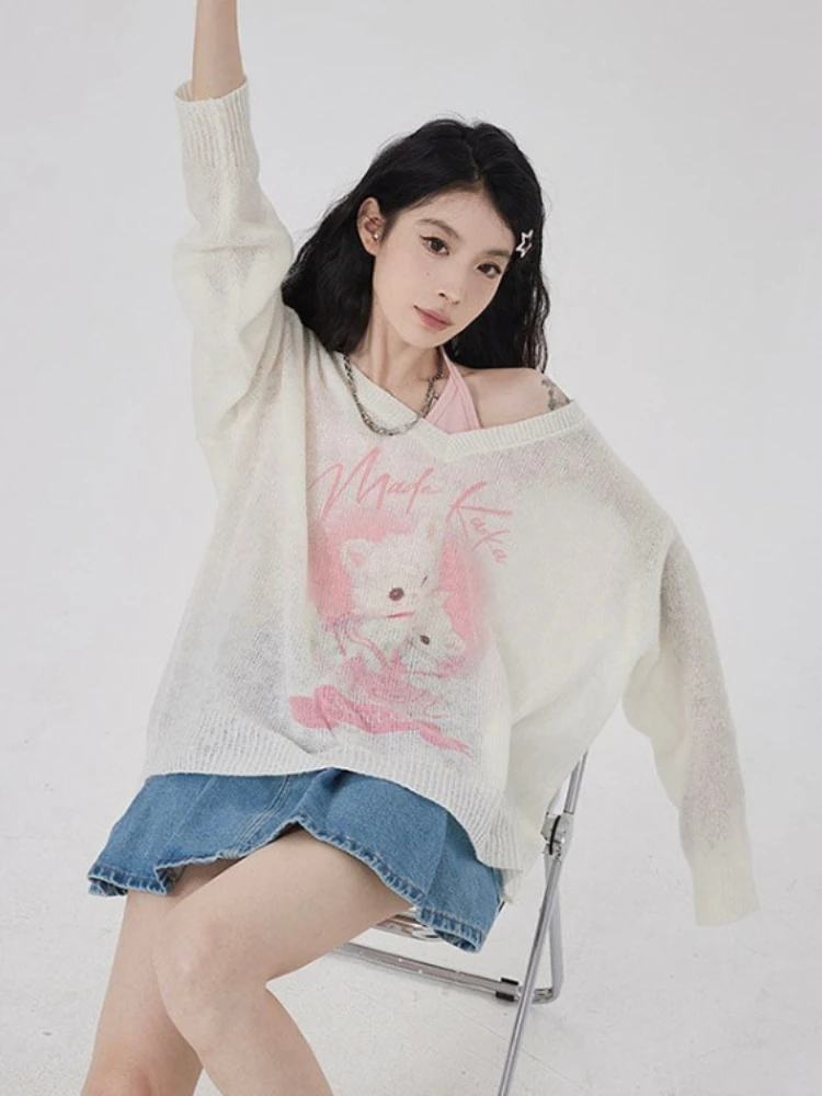 Autumn Loose Grunge V Neck Long Sleeve T-Shirt Fashion Sweet Kawaii Cat Print Women Tshirts Casual Knitted Chic Tee Shirts Y2k