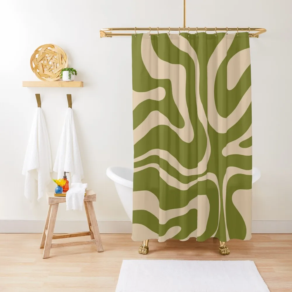 

Modern Liquid Swirl Abstract Pattern in Mid Mod Olive Green and Beige Shower Curtain Shower Bathroom Bathroom Shower Set Curtain