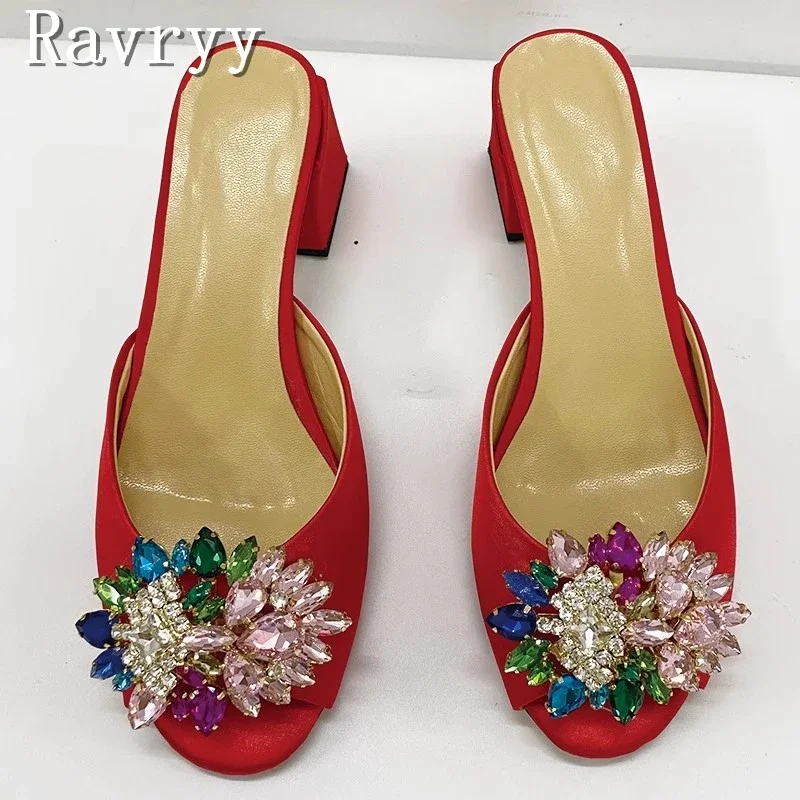 

Luxury Rhinestone Decor Women Slippers Peep Toe Satin Genuine Leather Middle Heels Mules Summer New Party Dress Shoes