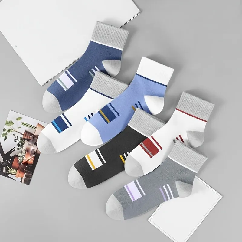 Men's mid length socks with four season stripes, contrasting colors, splicing, casual sports socks, anti odor, sweat absorbing
