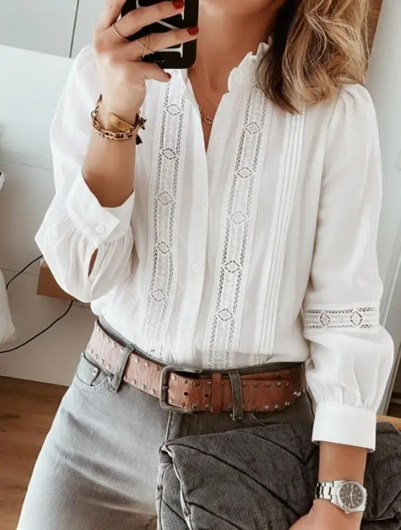 

Женская рубашка, новинка лета, в французском художественном стиле, с плиссированным воротником, ажурными кружевными вставками, на пуговицах, с длинными рукавами