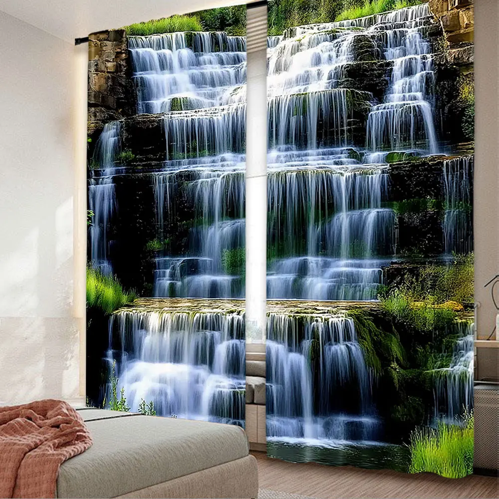 2Pcs Modern Landscape Curtains With Waterfall Design Suitable For Living Room Dining Room Kitchen Bedroom Bathroom Study Room