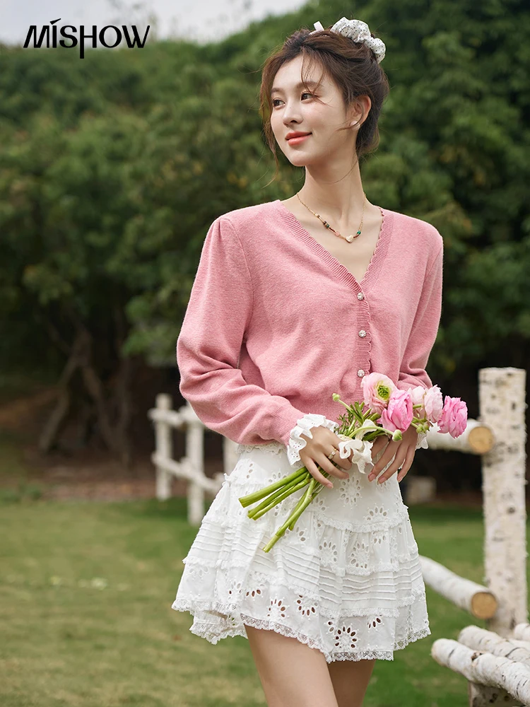 MISHOW V-neck Knitted Cardigan Mini Skirts Separately Korean Hem Lace Flare Sleeve Top Sunflower Embroidered Skirt MXD15Z0564