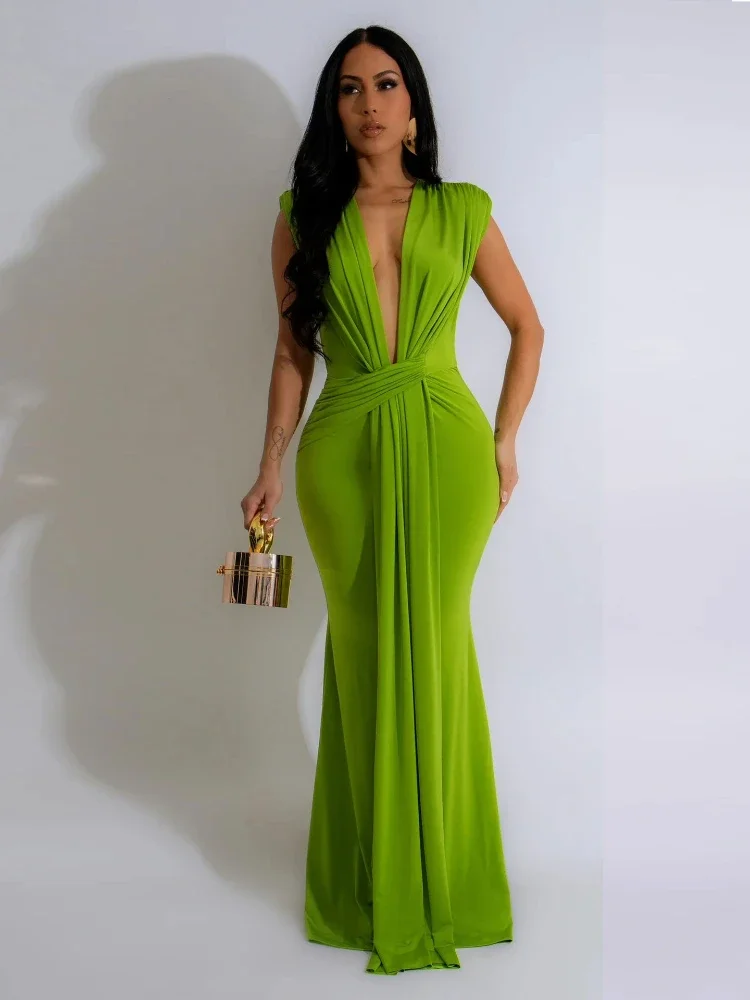 Elegant Ruched Bodycon Maxi Dress Women Birthday Night Party Evening Prom Deep V-neck Slim Celebrity Formal Long Dresses Ribbon