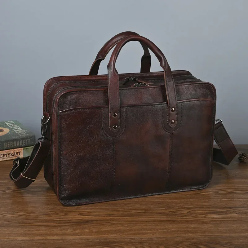 Genuine Leather Men's Briefcase with Multiple Compartments for Business