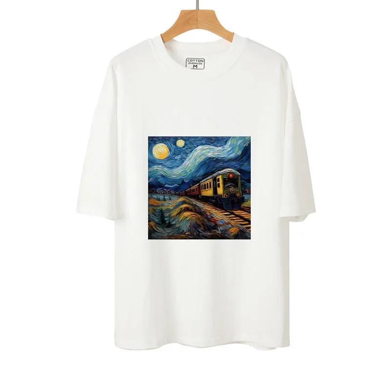 Retro Oil Painting Poster starry Train Iron-on Transfer Thermal Art Sticker For Clothes T-shirt DIY Fashion Heat Transfer Patch