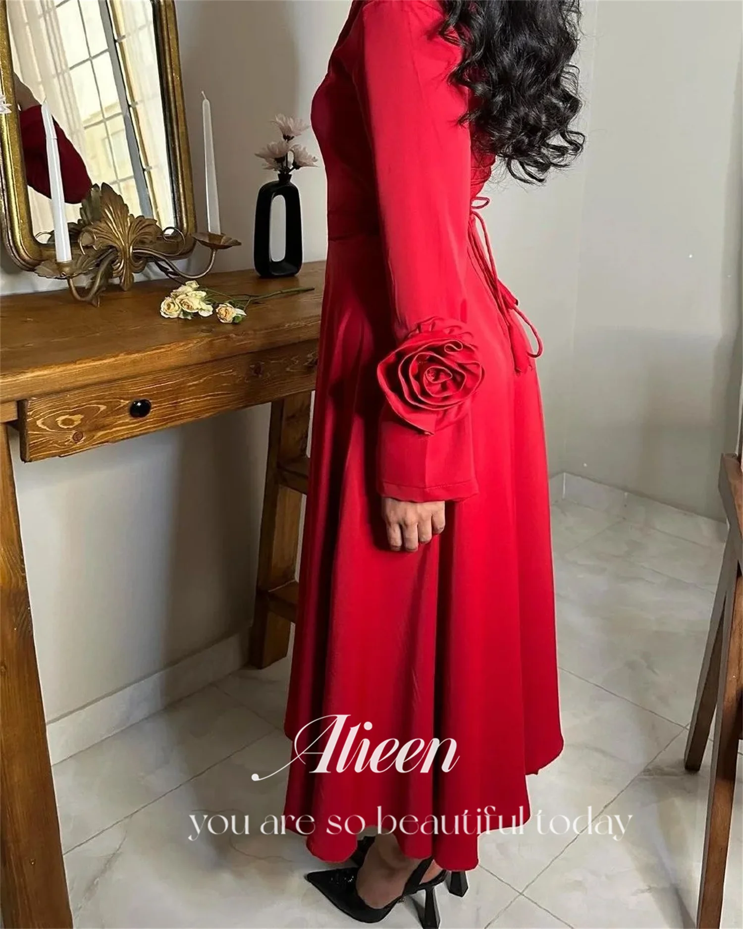 Aileen Long Sleeves Square Collar Red Dresses Gala Wedding Party Dress Evening Elegant Woman Prom 2024 Graduation Women Luxury