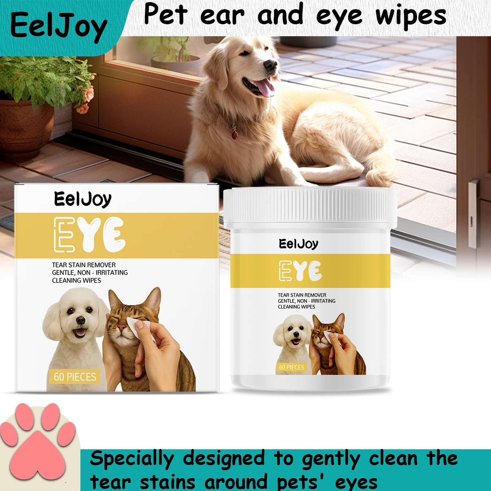 

EelJoy Pet Eye Wipes are Soft, Skin Friendly, Clean, Tear Free, No Wash for Dogs and Cats, Daily Cleaning and Care