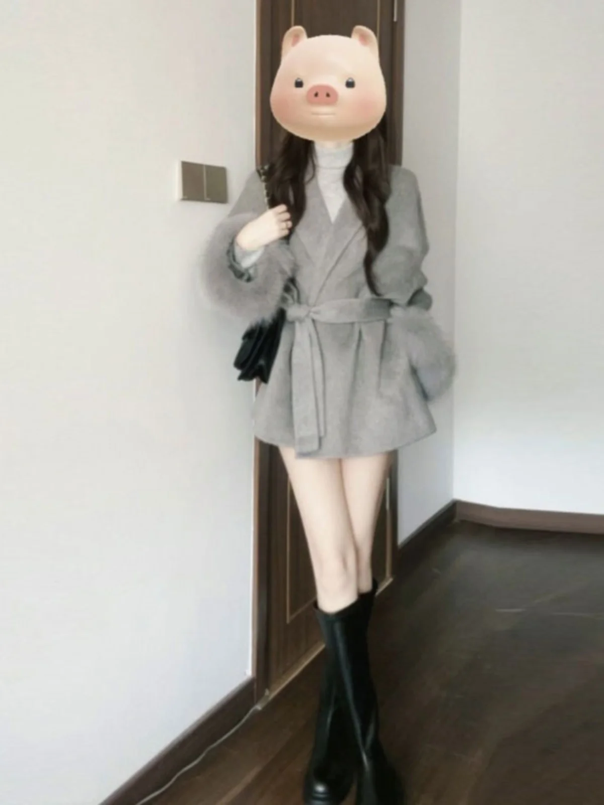 

Elegant Korean Style Belted Woolen Coat Trendy Waist-Cinching Design Compact Size Spring 2026 Initial Fashionable Cowl Neck
