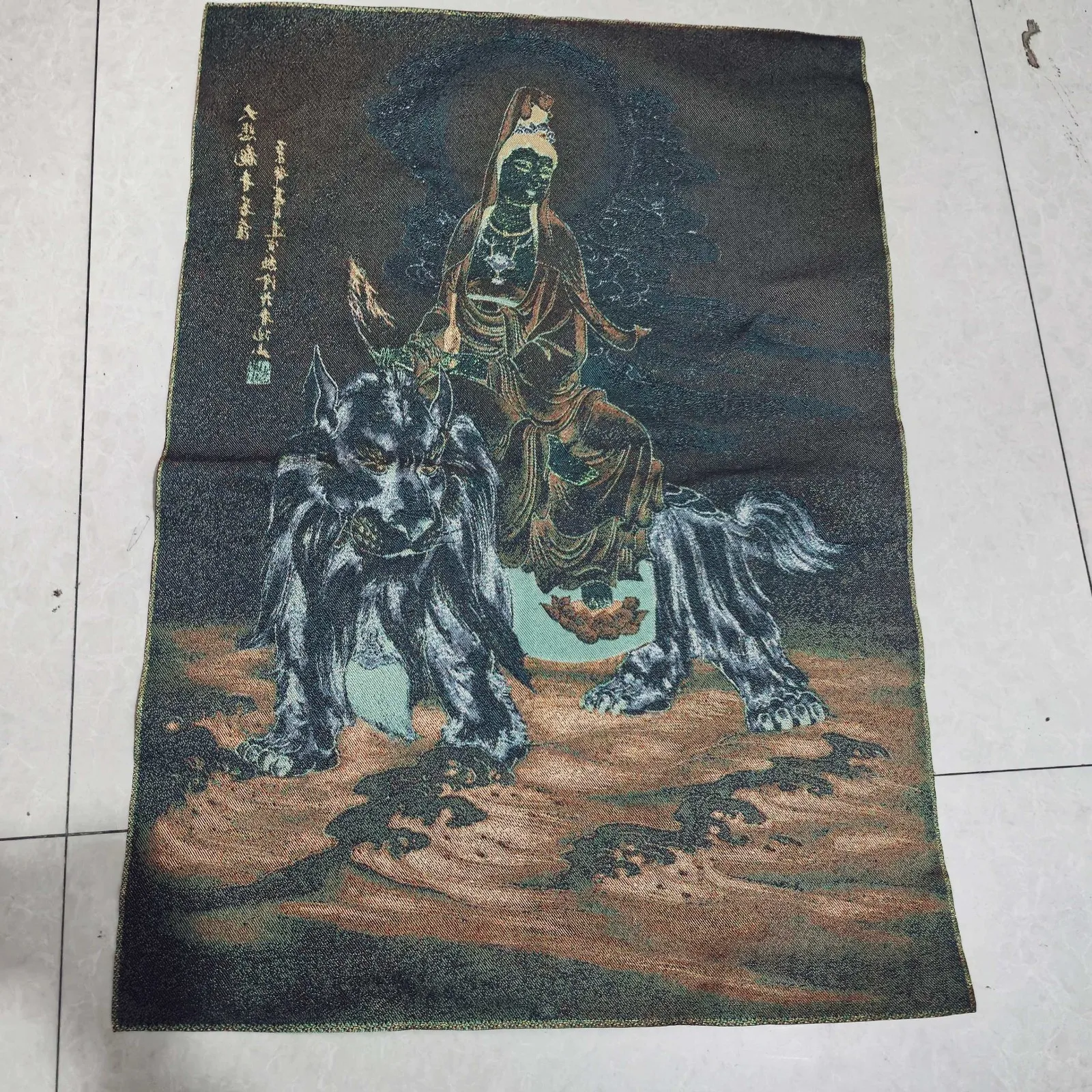 China Old Brocade Embroidery Tangka,Riding Tiger Guanyin Buddha statue