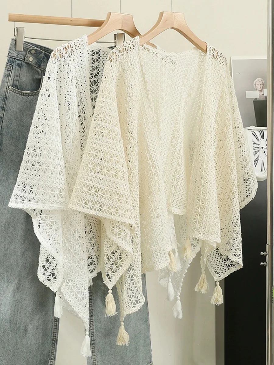 

Retro Vaion Knitted Tassel Open Cardigan Women's Cloak oulder Loose Hollow out Design Sensation Sun Protection irt