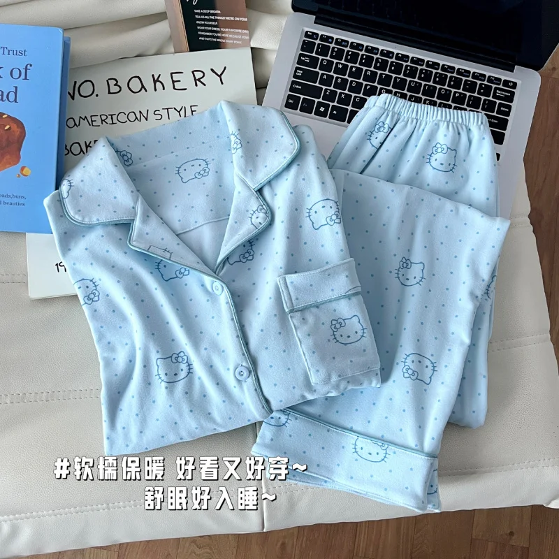 Pijamas femininos com estampa de leopardo KT escovado, conjunto de terno para casa confortável de veludo alemão, calças femininas quentes de veludo fino de desenho animado