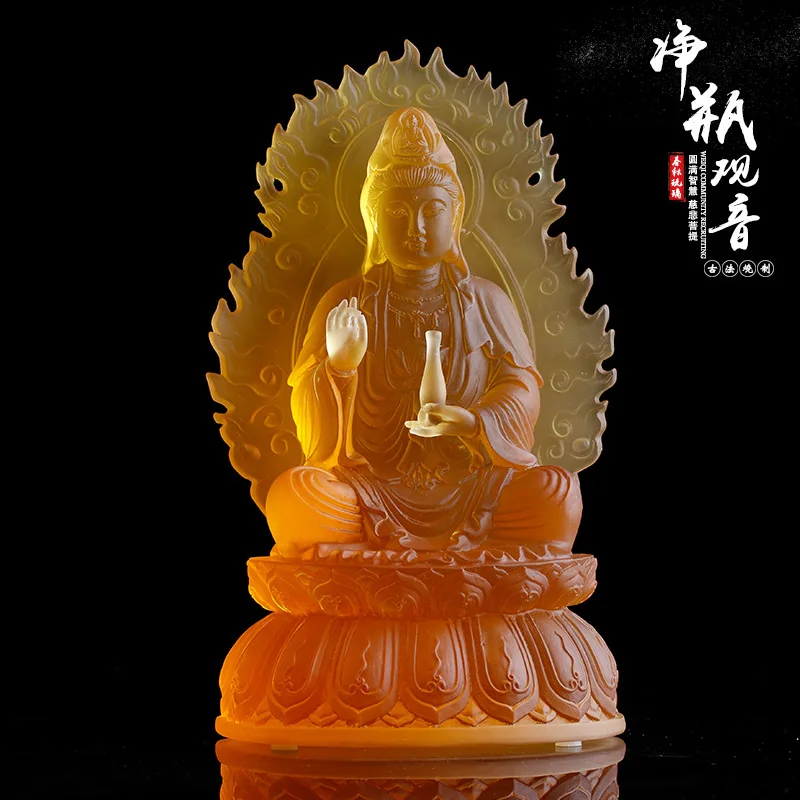 22 cm high  Avalokitesvara Bodhisattva Coloured glaze Pure bottle Guanyin Buddha statue Buddhist temple home worship ornament