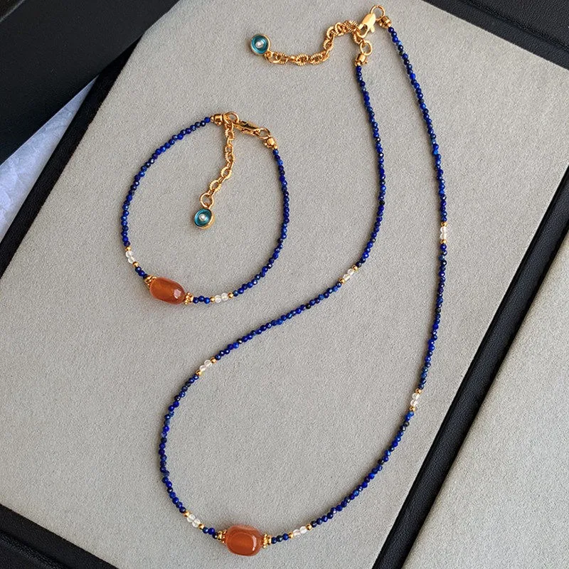 Minar Stylish Natural Stone Lapis Lazuli Red Agate Glass Beads Beaded Necklace for Women Real Gold Plated Copper Chain Chokers