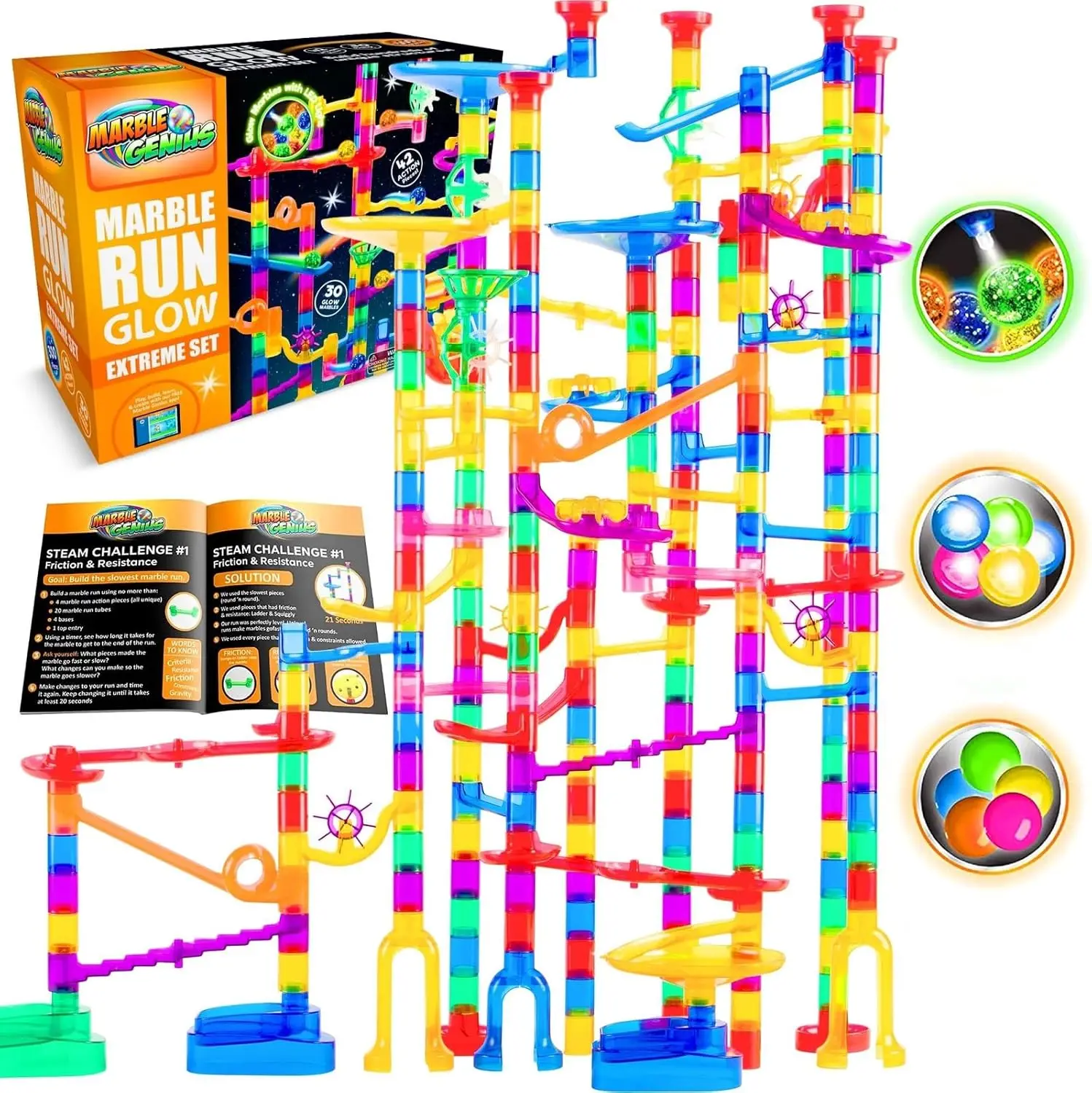 

300 pcs Glow Marble Run Track Race Extreme Set for Kids Age 4+, Glow in The Dark, STEM Educational Building Block, Color Instruc