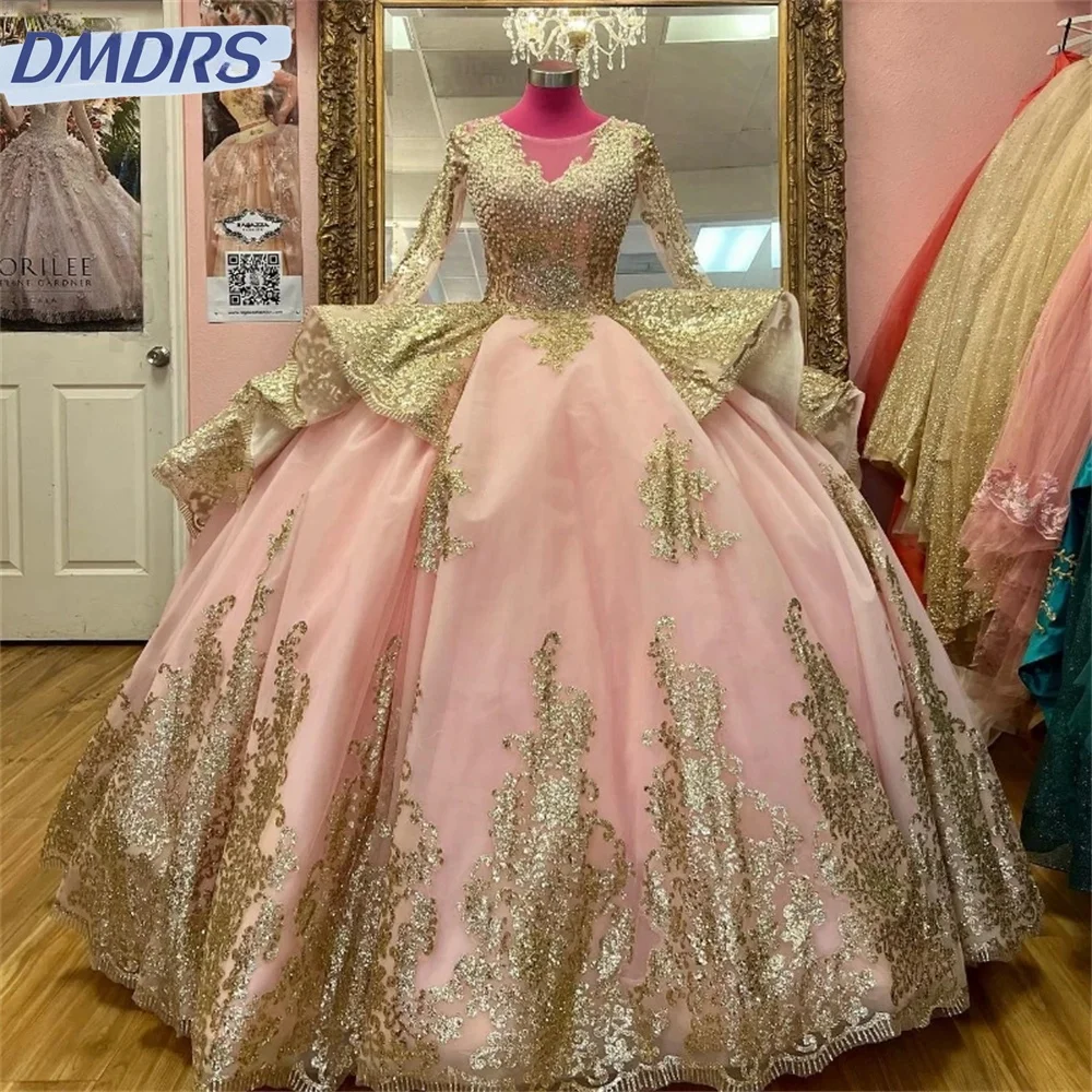 Gaun pesta lengan panjang Quinceanera, gaun pesta menawan manik-manik putri renda applique manik-manik kristal Off bahu untuk 16 tahun elegan