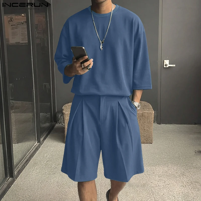 INCERUN Men's Sets Solid Color O-neck 3/4 Sleeve T Shirt Shorts Two Piece Sets Streetwear Oversize 2026 Casual Men Matching Sets - Image 3