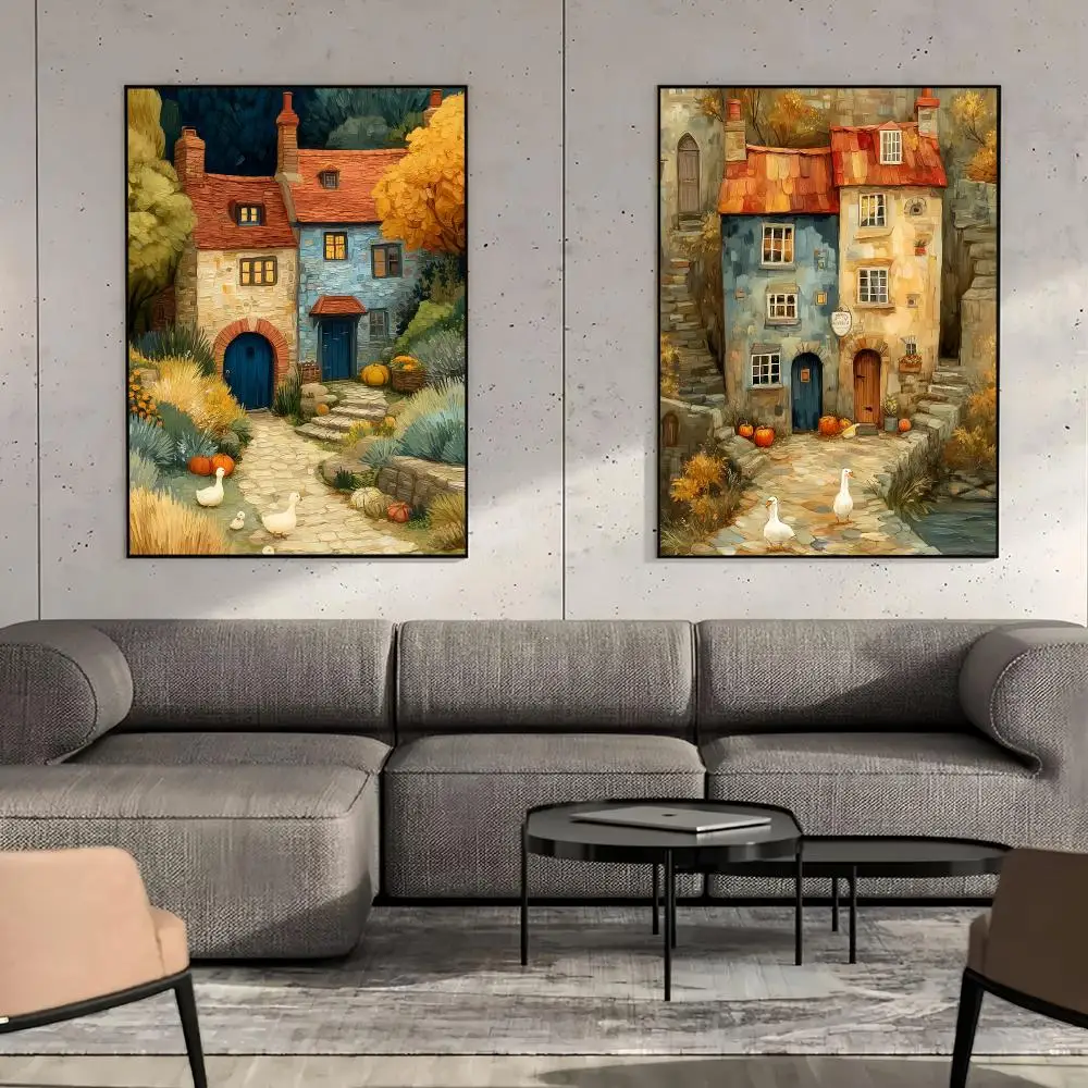 Autumn Village Canvas Poster Duck Pumpkin Fall Farmhouse Rustic Cozy Autumn Home Decor Gift Painting Calligraphy