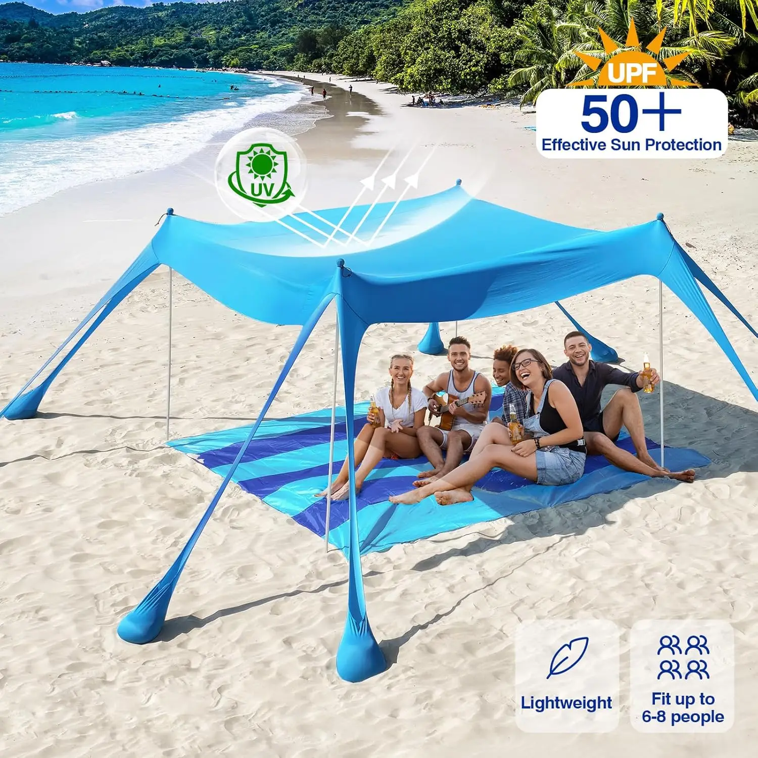 Beach Tent Camping Sun Shelter UPF50+ with 8 Sandbags 4 Stability Poles Outdoor Shade Beach Canopy Fishing Backyard Fun Picnics
