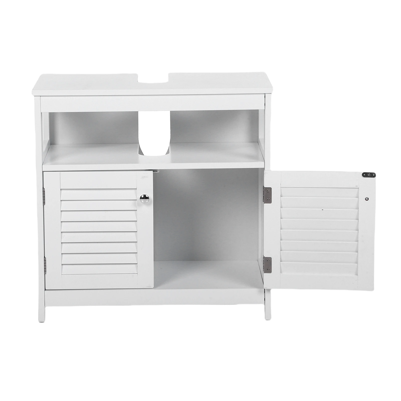 خزانة تخزين بيضاء تحت المغسلة - على شكل حرف U مقطوعة ببابين ورف مفتوح للحمام لمكياج أدوات الزينة