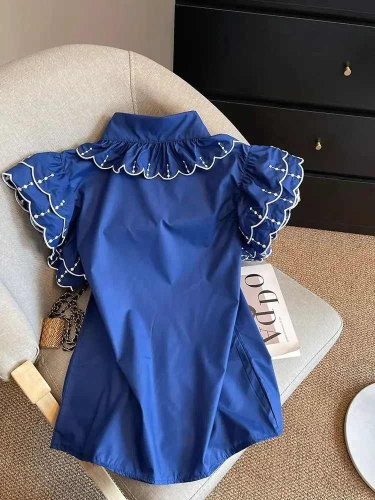 Azul voando manga camisa feminina verão novo vintage doce peter pan colarinho único breasted blusas topos 2025 verão novo