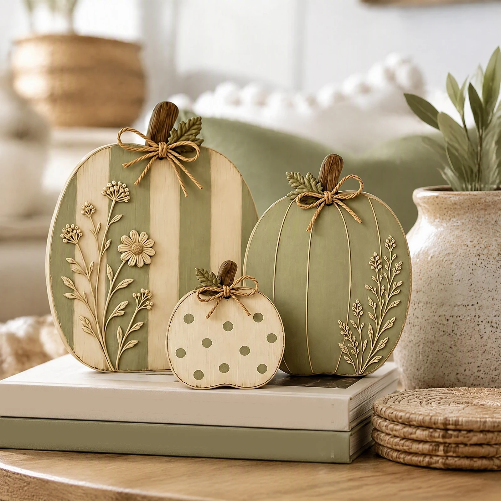 Harvest Party Centerpiece Wooden Pumpkin Trio Sage Green Cream Floral Farmhouse Fall Tabletop Decor