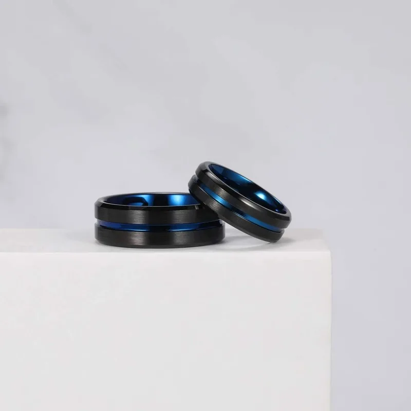 Tigrade Titanium Ring 6mm 8mm 10mm Black Blue Centre Groove Wedding Band Comfort Fit Matte for Men Women