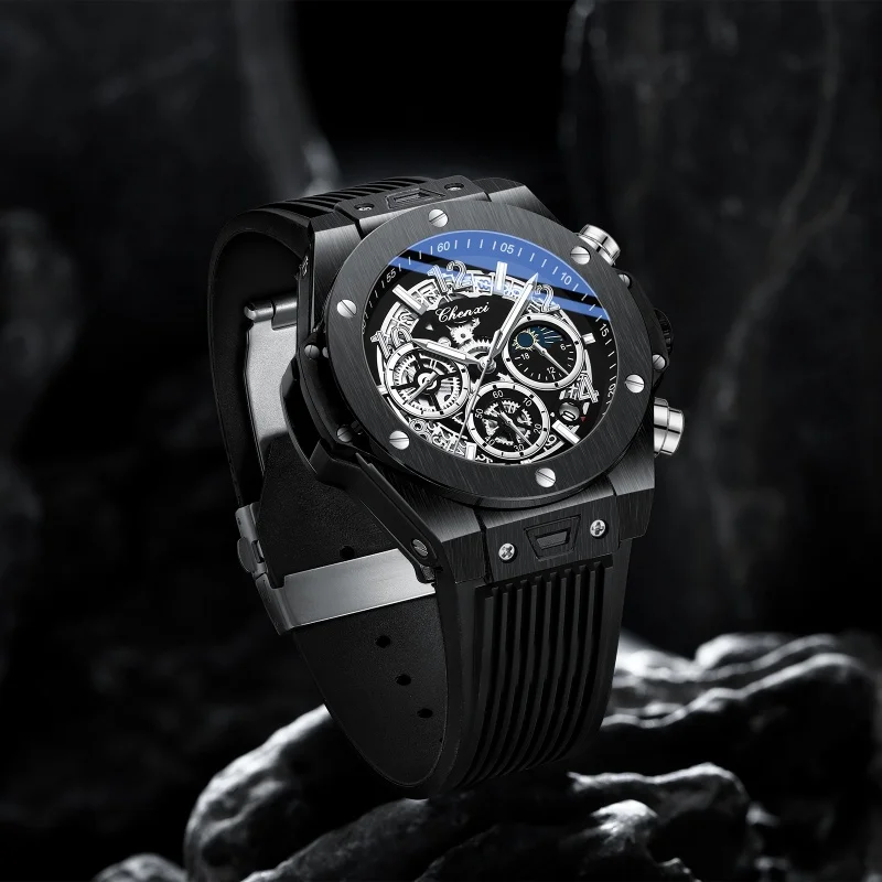 CHENXI 949 Relojes de cuarzo para hombre Calendario de fase lunar Cronógrafo luminoso Correa de silicona Reloj deportivo resistente al agua para hombre