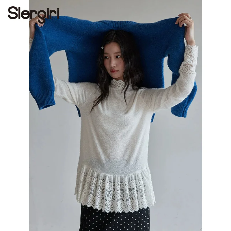 

Slergiri, кружевная теплая блузка для тяжелой промышленности, женская мода, новинка 2026, осень-зима, вязаные топы с воротником-стойкой и длинными рукавами с рюшами по подолу
