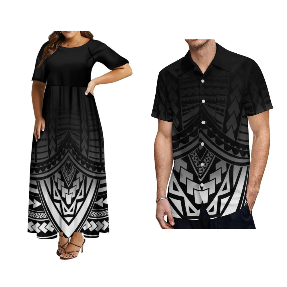 Vintage Tribal Peoples Soft Quality Couple Set Custom Polynesian Women'S Dress Men'S Shirt Hibiscus Flower Summer Short Sleeve