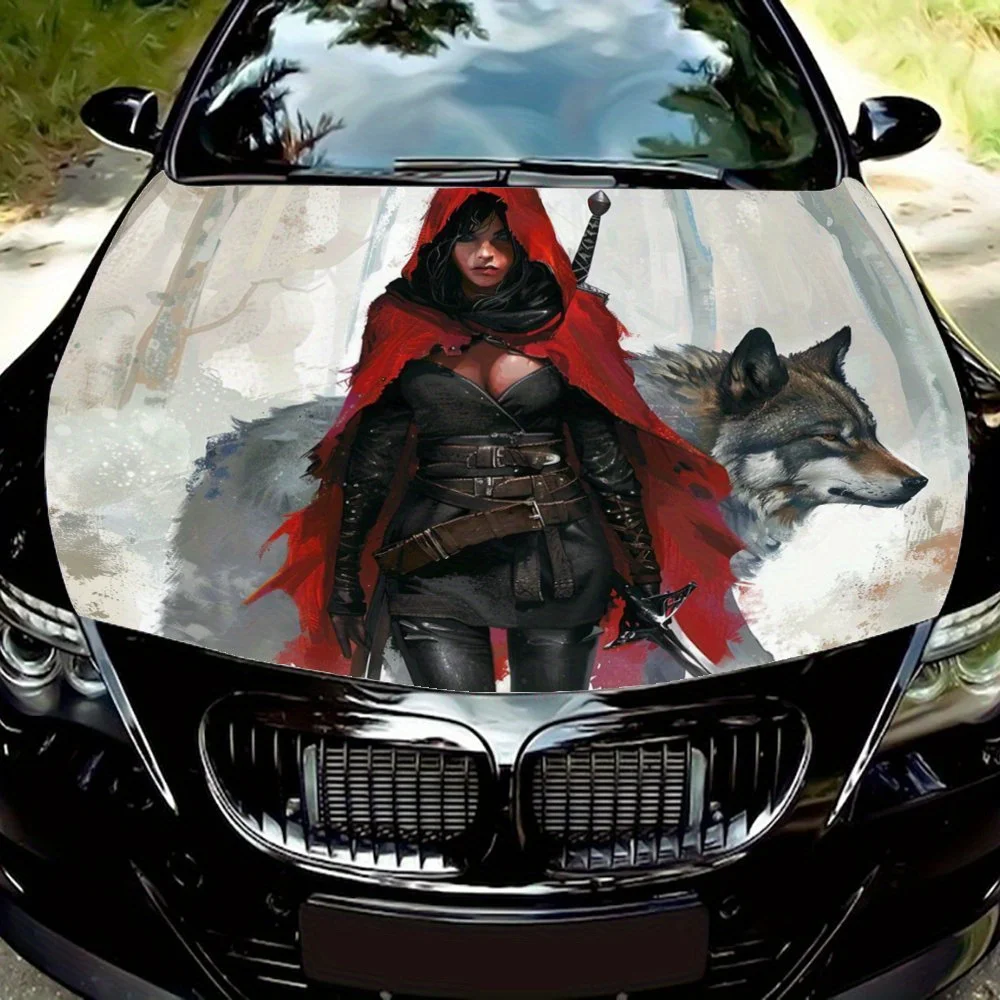 Red hat with sword: brave traveler in the forest graphic car vinyl wraps, vinyl car bonnet graphics, cool vinyl graphic design.