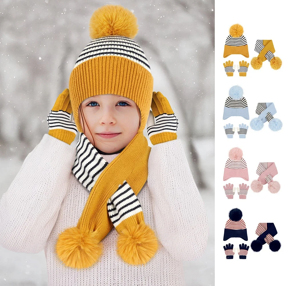 

Classic striped Kids Jacquard Warm Knitted Scarf Children soft Scarf with pom Winter Cap baby girl boy Beanie Hat Scarf Set