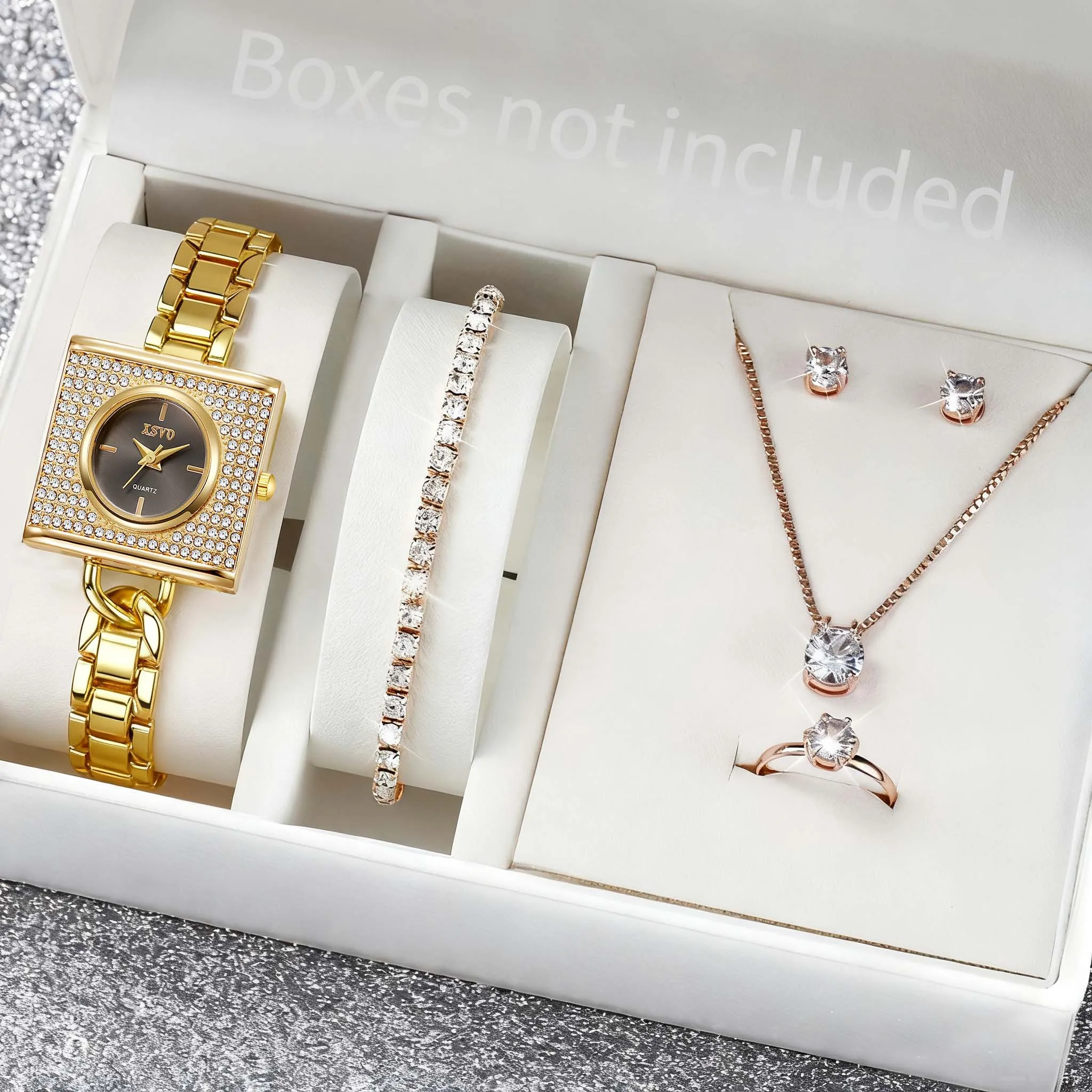 

Fashionable and unique alloy women's quartz watch and jewelry 6-piece set, suitable for daily wear, Christmas gift