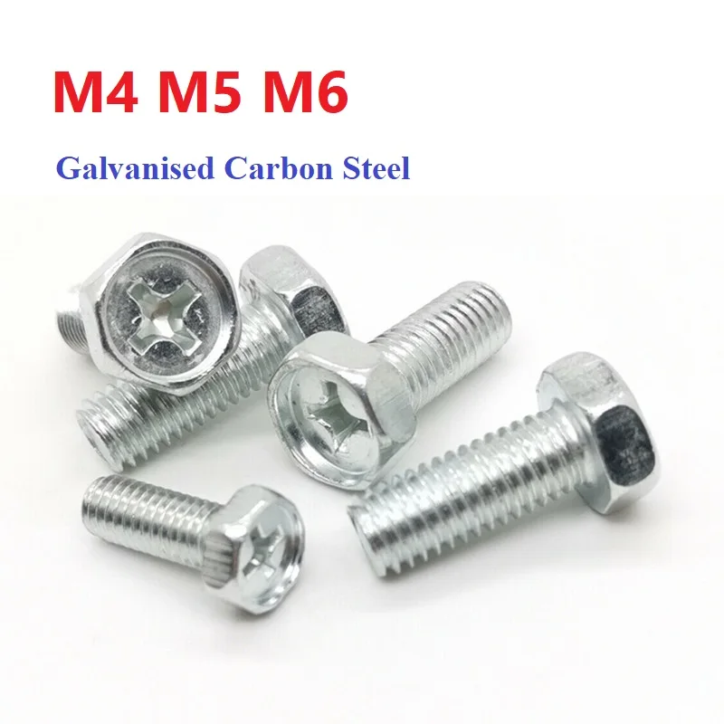 Galvanised  Carbon Steel M4 M5 M6 Small Head Cross Groove Recess Outer Hexagonal Screws Bolts External Hex Screw