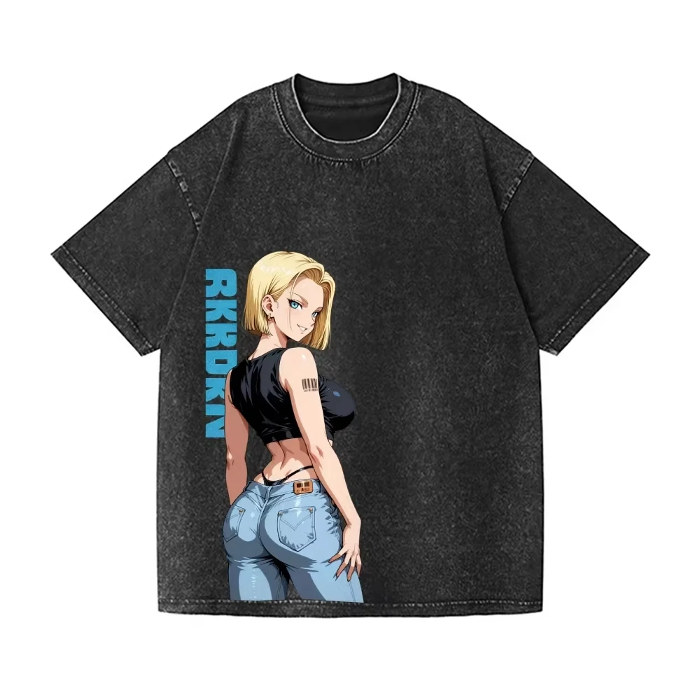 2026 Dragon Ball Android 18 Vintage Wash Japanese Design T-Shirt High-quality Streetwear Is Suitable 2026 Summer Men Women
