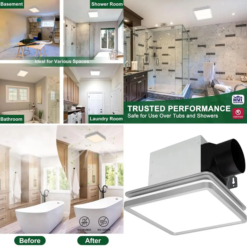 

15W 3CCT Dimmable LED Bathroom Exhaust Fan with Shower Light, 3.5W Night Light, 80 CFM, 2 Sones, Square Silver