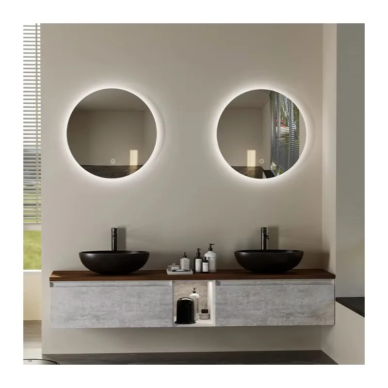 [Vendita calda] Specchio da bagno illuminato dimmerabile con interruttore tattile da pollici personalizzato Specchio retroilluminato a LED rotondo montato a parete con luci