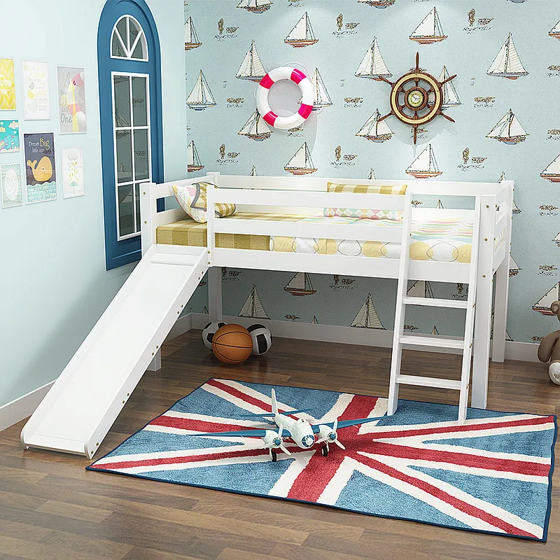 Junior Twin wood Loft Bed with Slide, Multifunctional Design, White with White Slide