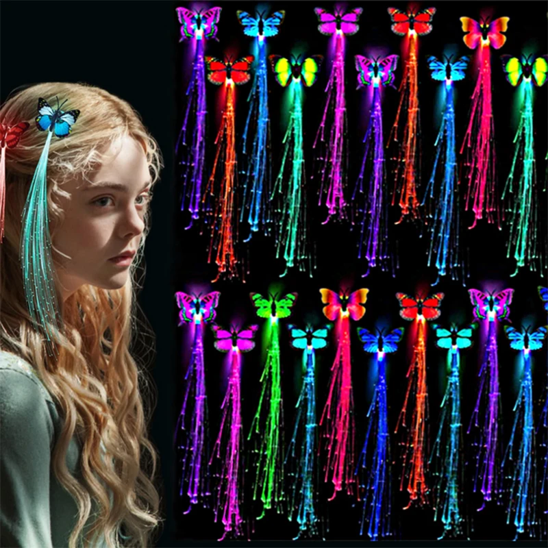 5pcs/10pcs LED Glow Hair Braid Birthday New Year Bar Hair Ornament Butterfly Light Braids Toys Light Up Braid Extension Clips