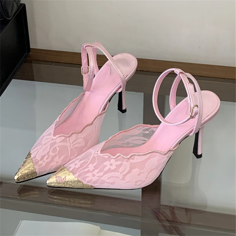 Aneikeh Fashion Retro Lace Designer Pointed Toe Thin Heels Slingbacks Pumps Women Wedding Banquet Dress Mules Ladies Shoes