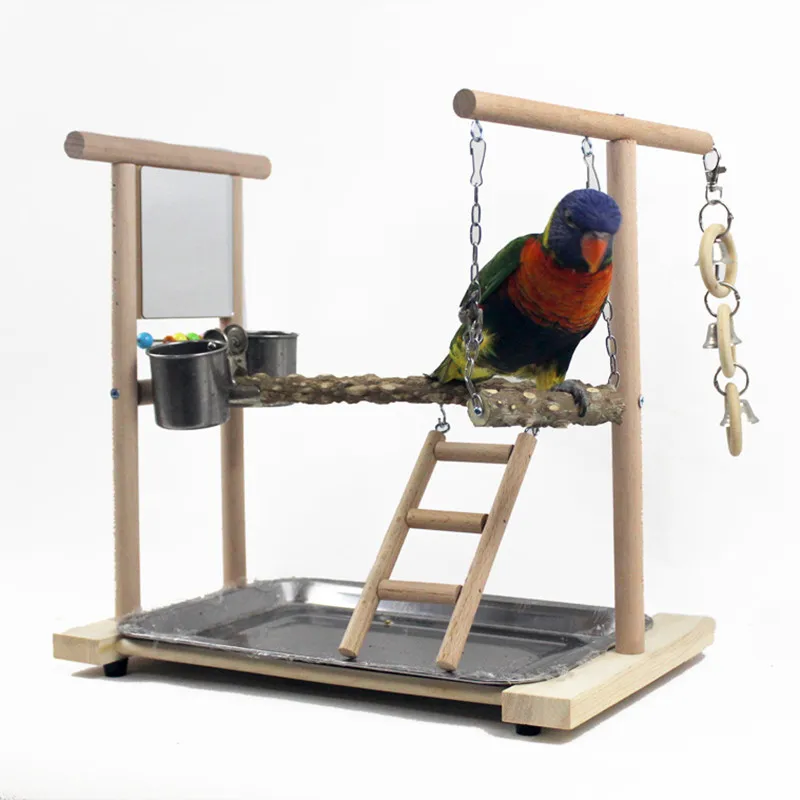 

Parrot Playstands with Mirror Wood Bird Swing Climbing Hanging Ladder Bridge Toys Cockatiel Parakeet Perches Playground Tray