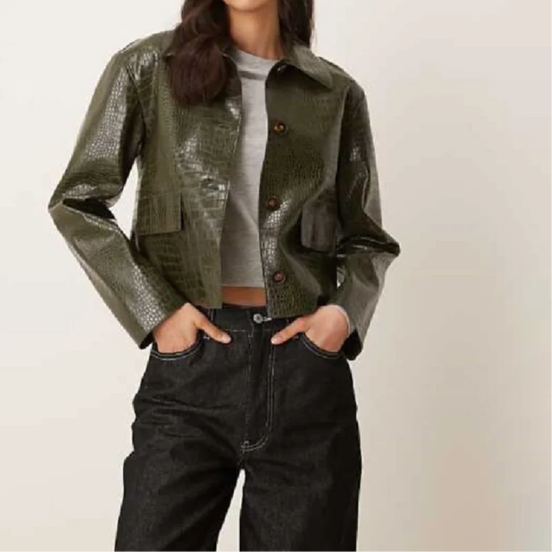 Women Jacket Croc Embossed Faux Leather Lapel Collar Button Front Patch Pockets Cropped Coat 2026 Casual Vintage Daily Outerwear