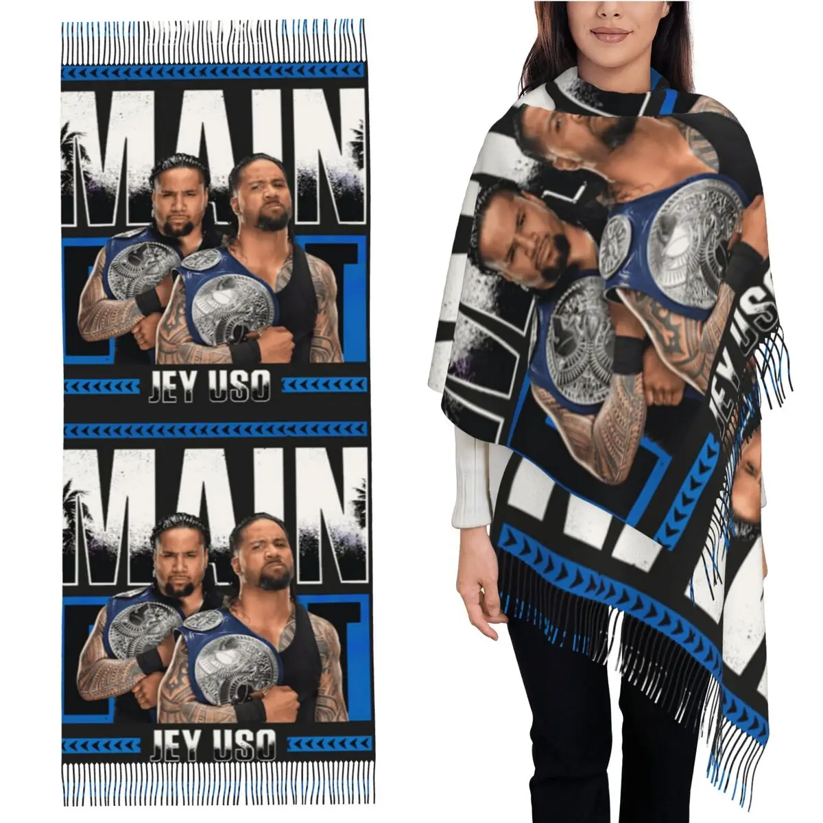 

WWE Jey Uso Maint Event 2024, шарф, шарфы с кисточками для женщин, мягкие теплые шали и накидки, большая осенне-зимняя шаль