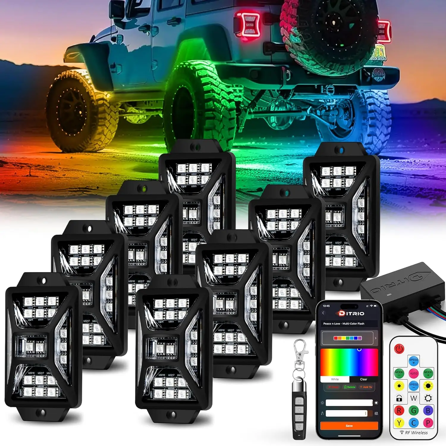 

8-контактные пятисторонние рок-фонари RGB для грузовиков Jeep UTV SUV ATV Golf Cart, многократное цветное приложение/светодиодные рок-фонари с дистанционным управлением